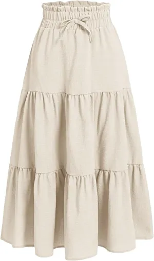 SweatyRocks Girl's Casual Solid Drawstring Waist Ruffle Hem Midi Skirt A Line Skirts