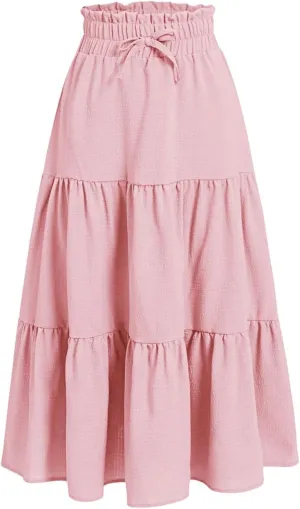 SweatyRocks Girl's Casual Solid Drawstring Waist Ruffle Hem Midi Skirt A Line Skirts
