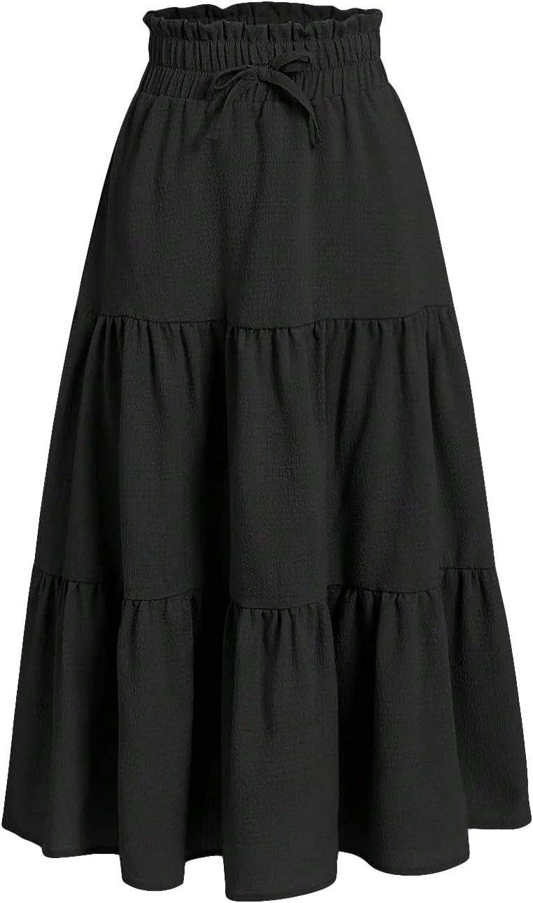 SweatyRocks Girl's Casual Solid Drawstring Waist Ruffle Hem Midi Skirt A Line Skirts