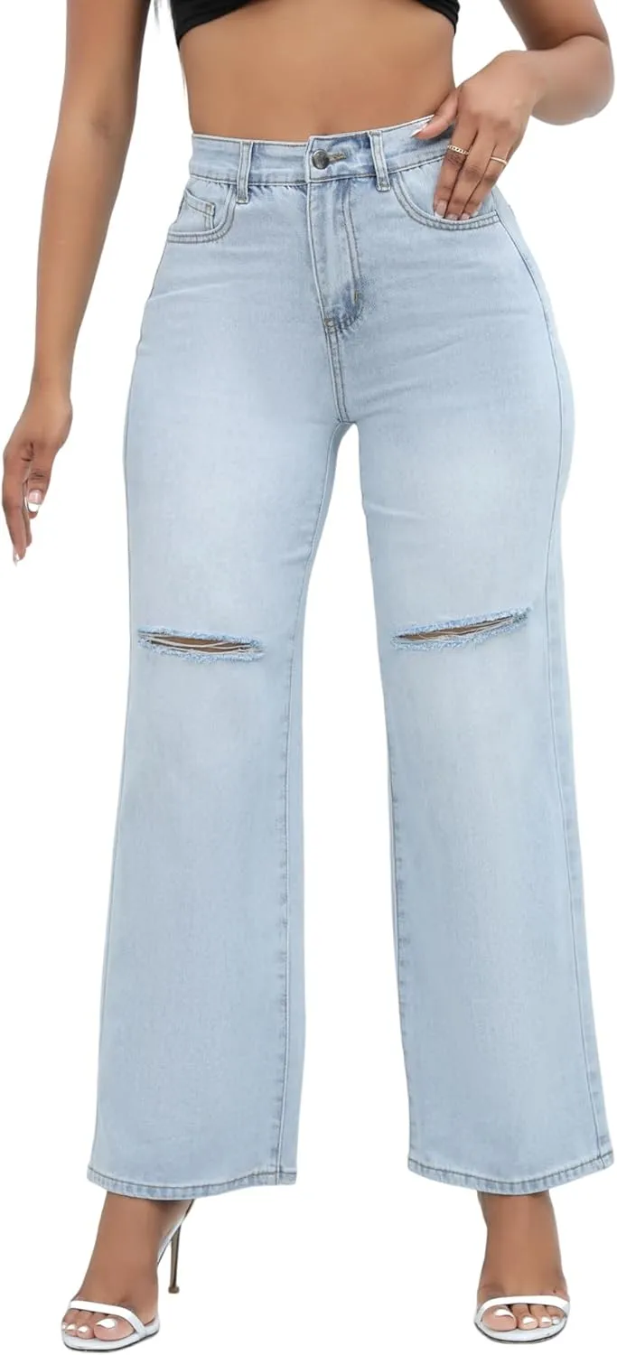 THUNDER STAR Womens High Waisted Wide Leg Jeans Stretchy Distressed Denim Pants