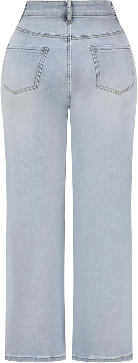 THUNDER STAR Womens High Waisted Wide Leg Jeans Stretchy Distressed Denim Pants