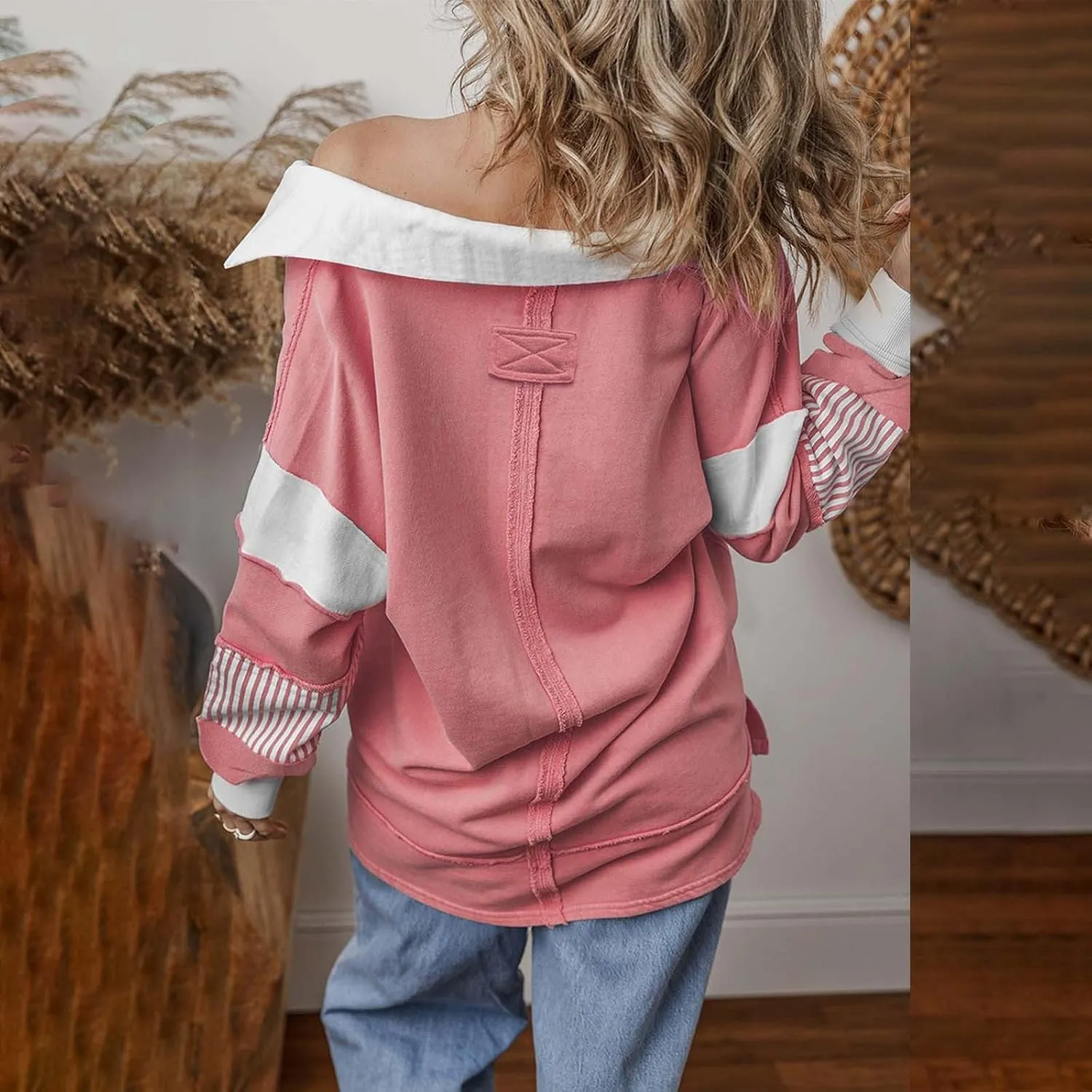 Trendy Sweatshirts for Women Lapel Deep V Neck Long Sleeve Color Patchwork Pullover Hoodies Fall Streetwear Work Tops