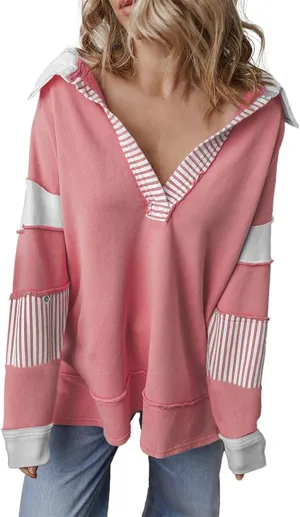 Trendy Sweatshirts for Women Lapel Deep V Neck Long Sleeve Color Patchwork Pullover Hoodies Fall Streetwear Work Tops