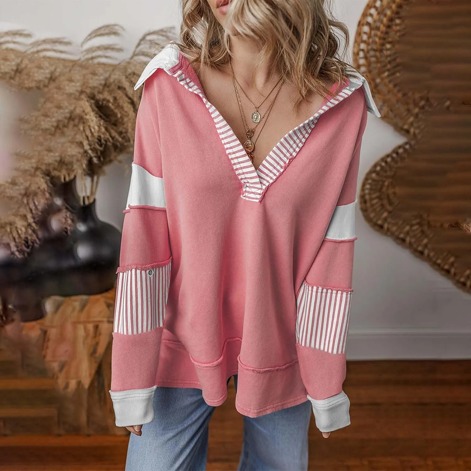 Trendy Sweatshirts for Women Lapel Deep V Neck Long Sleeve Color Patchwork Pullover Hoodies Fall Streetwear Work Tops