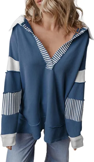 Trendy Sweatshirts for Women Lapel Deep V Neck Long Sleeve Color Patchwork Pullover Hoodies Fall Streetwear Work Tops