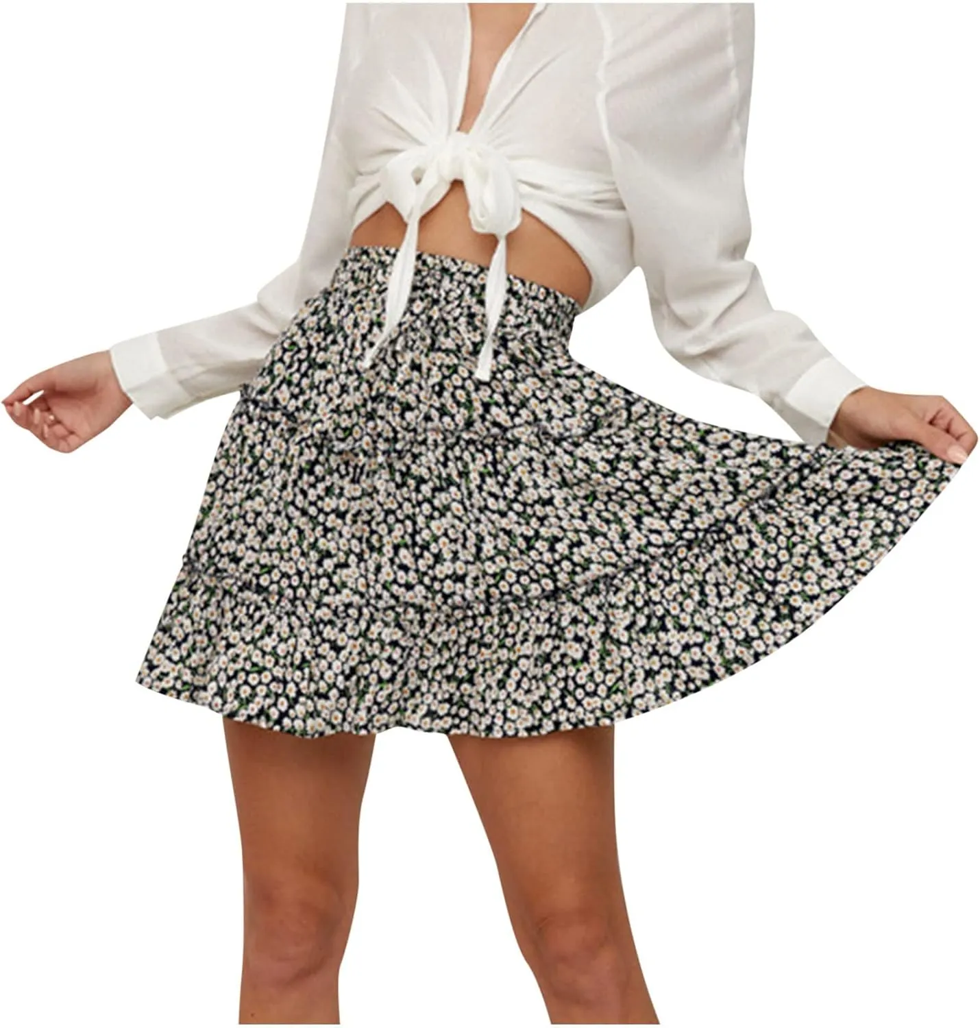 tuduoms Plus Size Mini Skirts Girls Floral Print Boho Skirt Cute High Waisted Pleated Skirt Women Summer Flowy Ruffle Skirt
