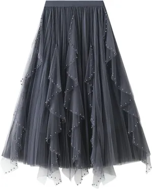 tuduoms Spring Fairy Pleated Tulle Skirts Teen Girls Ruffle Tiered Long Skirts High Waist Party Prom Mesh Flowy Midi Skirt