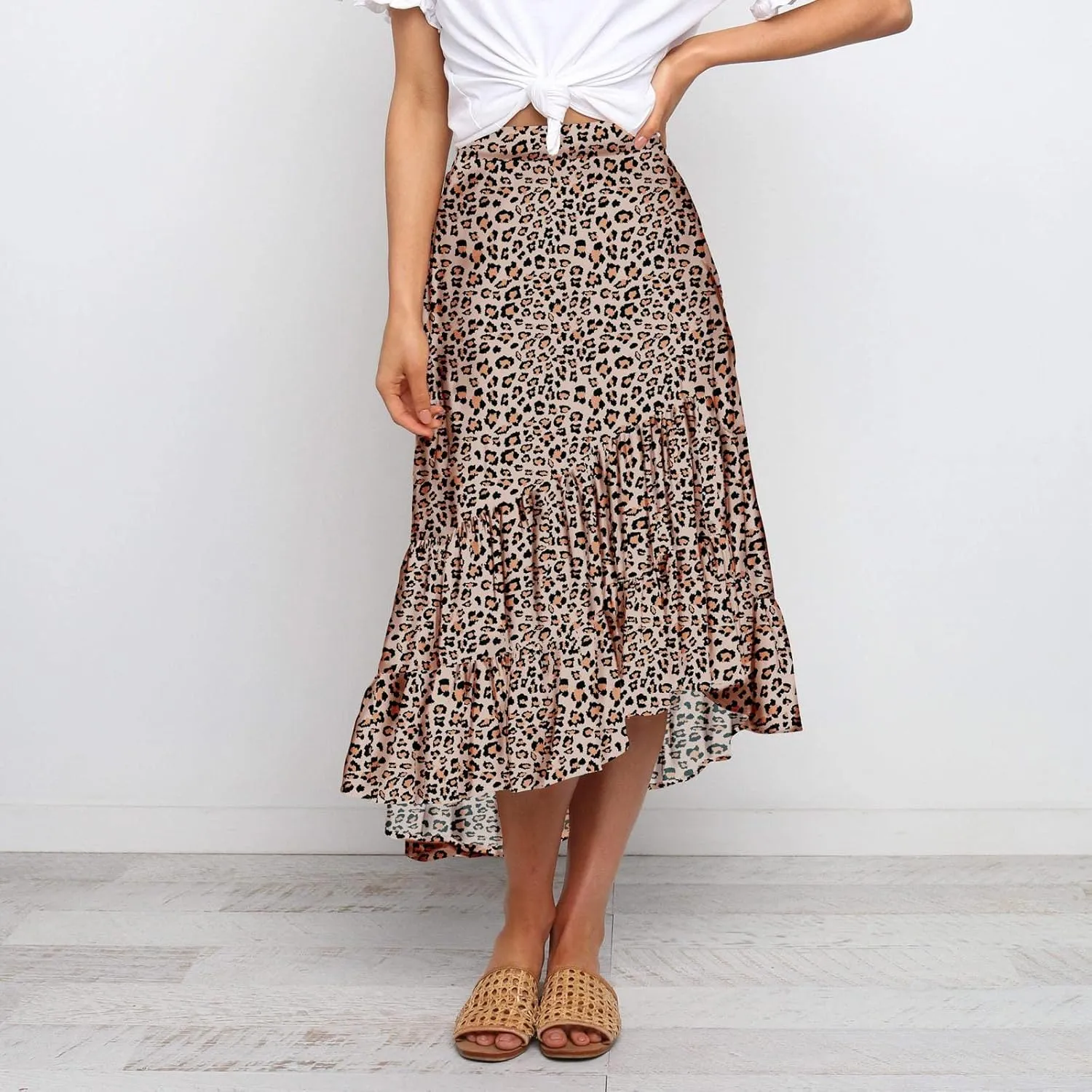 tuduoms Women's Boho Maxi Skirt with Tiered Ruffle Hem - Summer Cute High Waist Floral Print Swing Skirts Flowy Beach Skirt