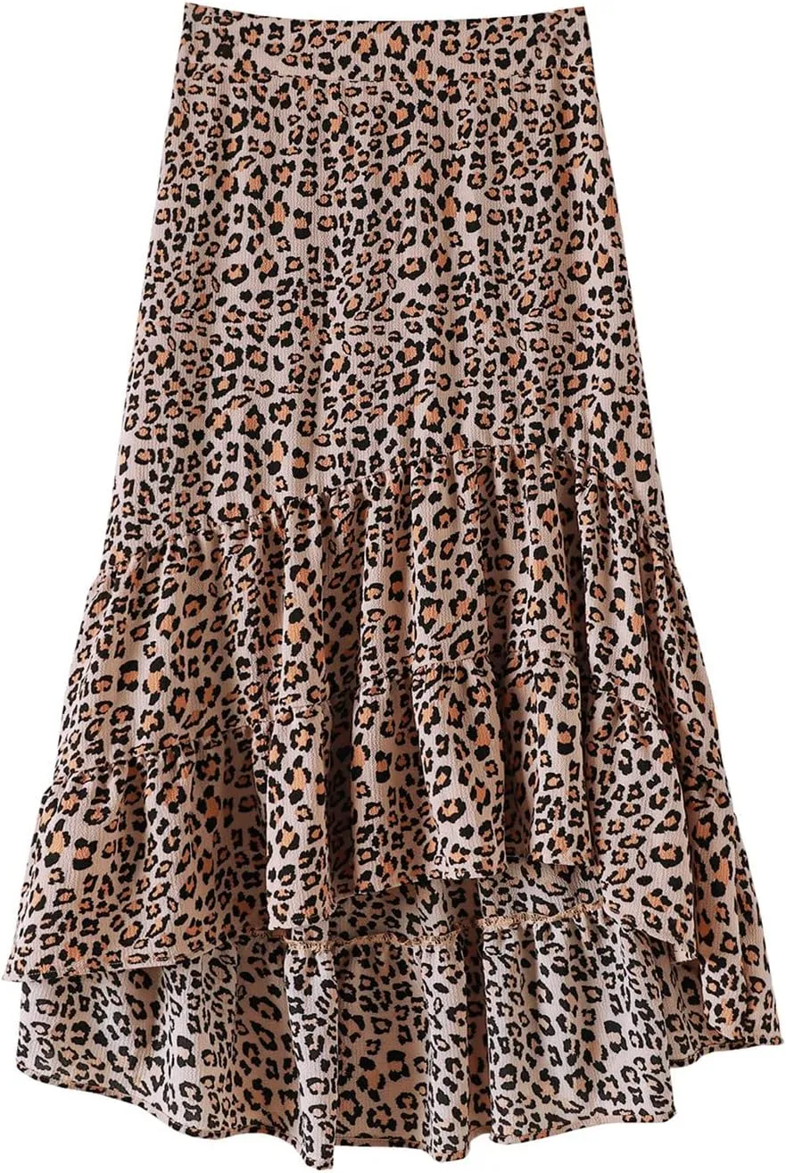 tuduoms Women's Boho Maxi Skirt with Tiered Ruffle Hem - Summer Cute High Waist Floral Print Swing Skirts Flowy Beach Skirt
