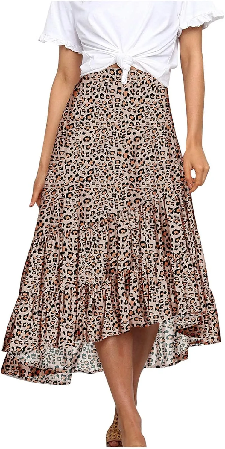 tuduoms Women's Boho Maxi Skirt with Tiered Ruffle Hem - Summer Cute High Waist Floral Print Swing Skirts Flowy Beach Skirt