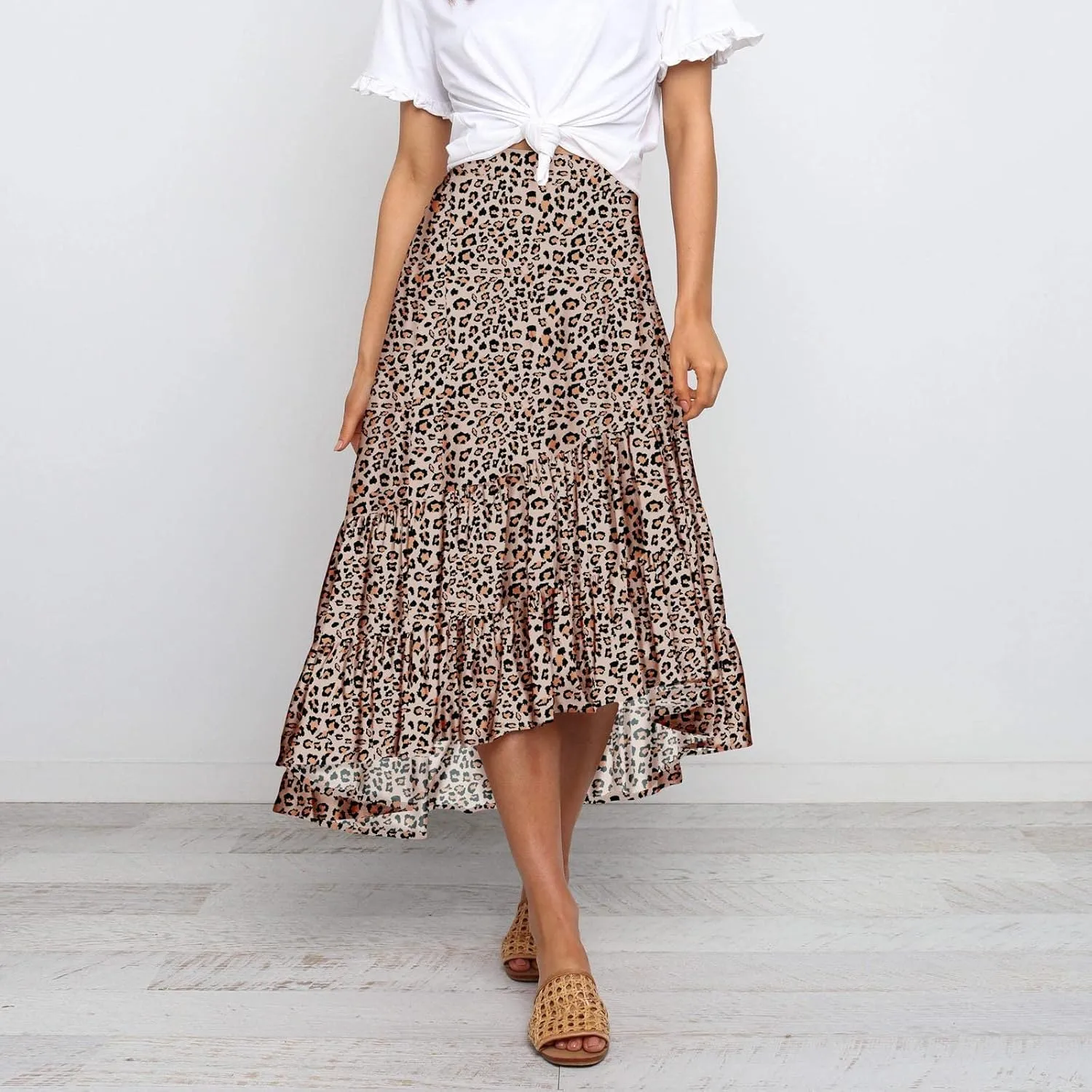 tuduoms Women's Boho Maxi Skirt with Tiered Ruffle Hem - Summer Cute High Waist Floral Print Swing Skirts Flowy Beach Skirt