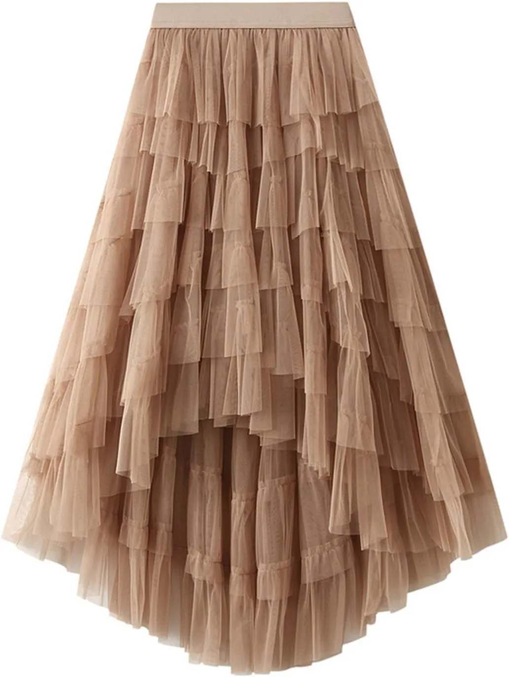 Tulle Maxi Skirts for Women Elastic High Waisted Flowy Swing A-Line Asymmetrical Tiered Pleated Long Skirt