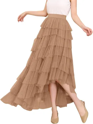 Tulle Maxi Skirts for Women Elastic High Waisted Flowy Swing A-Line Asymmetrical Tiered Pleated Long Skirt