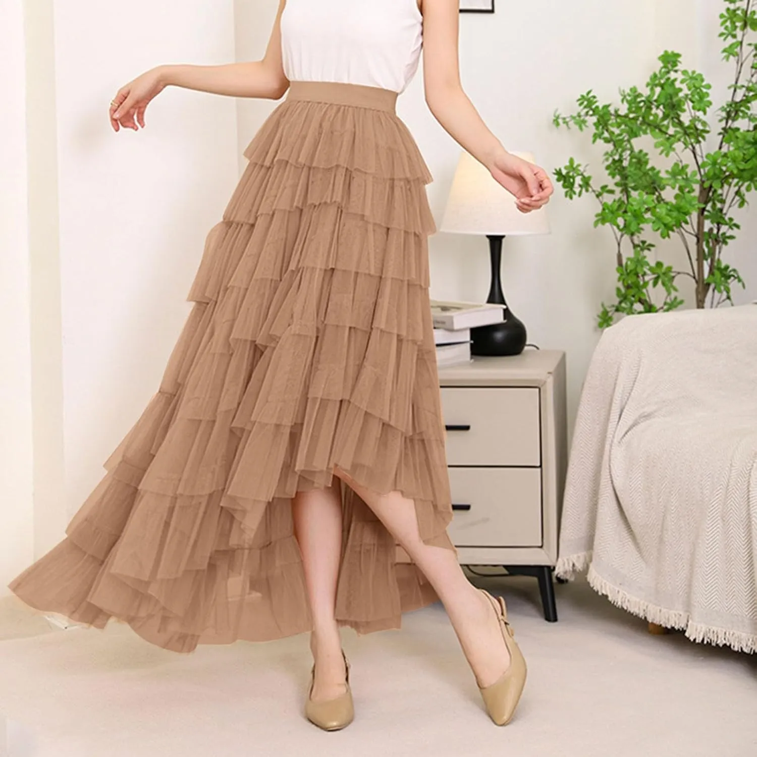 Tulle Maxi Skirts for Women Elastic High Waisted Flowy Swing A-Line Asymmetrical Tiered Pleated Long Skirt
