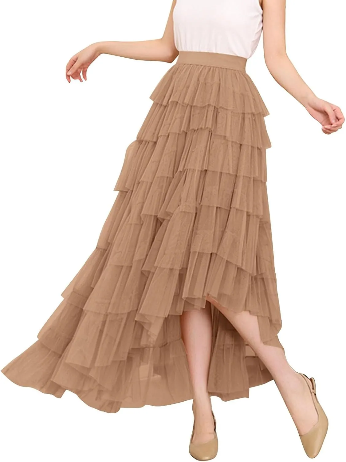 Tulle Maxi Skirts for Women Elastic High Waisted Flowy Swing A-Line Asymmetrical Tiered Pleated Long Skirt