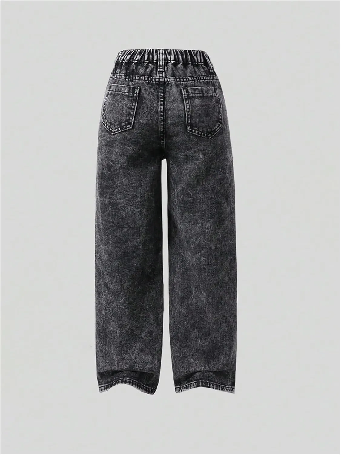 Verdusa Girl's Elastic Waist Raw Trim Denim Pants Wide Leg Jeans with Pocket