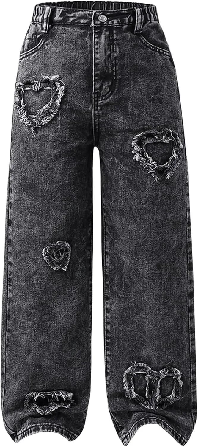 Verdusa Girl's Elastic Waist Raw Trim Denim Pants Wide Leg Jeans with Pocket