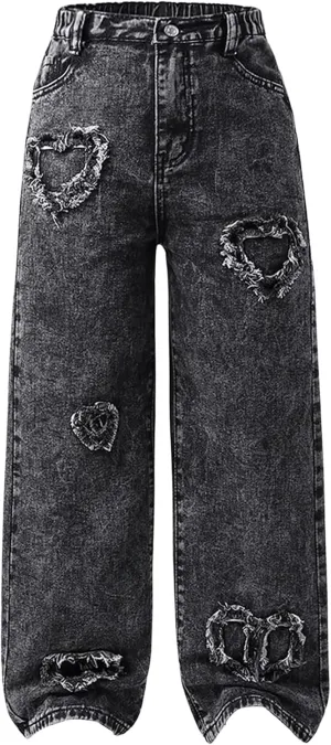 Verdusa Girl's Elastic Waist Raw Trim Denim Pants Wide Leg Jeans with Pocket