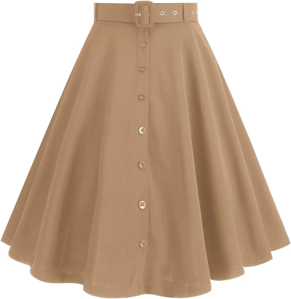 Vintage Button Down Ruffle Midi Skirt for Women High Waist Pleated Knee Length Skirt Casual Business A Line Skirts