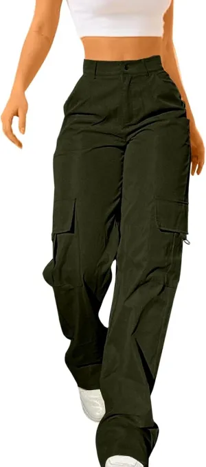 Wide Leg Casual Pants for Women Trendy High Waisted Cargo Pants with Pockets Baggy Stretch Utility Military Pants