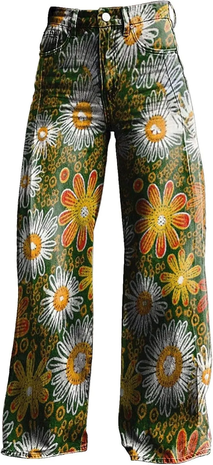 Wide Leg Flare Jeans for Women with Pockets Baggy Pants Vintage Floral Print High Waisted Loose Pant