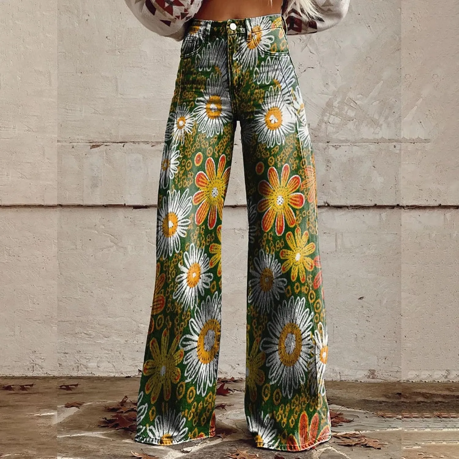 Wide Leg Flare Jeans for Women with Pockets Baggy Pants Vintage Floral Print High Waisted Loose Pant