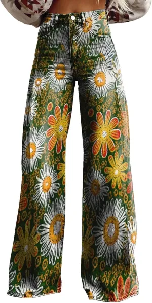 Wide Leg Flare Jeans for Women with Pockets Baggy Pants Vintage Floral Print High Waisted Loose Pant