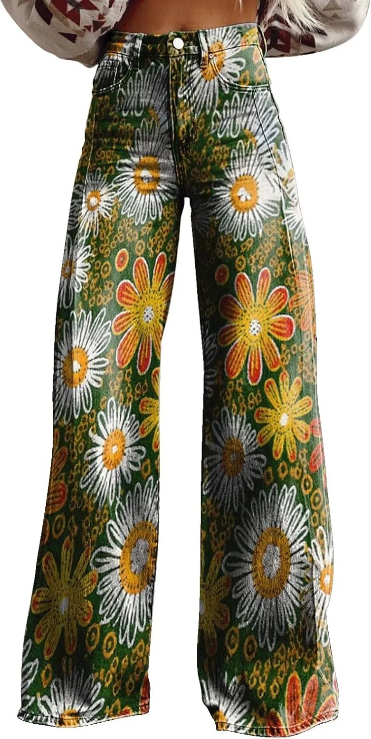 Wide Leg Flare Jeans for Women with Pockets Baggy Pants Vintage Floral Print High Waisted Loose Pant