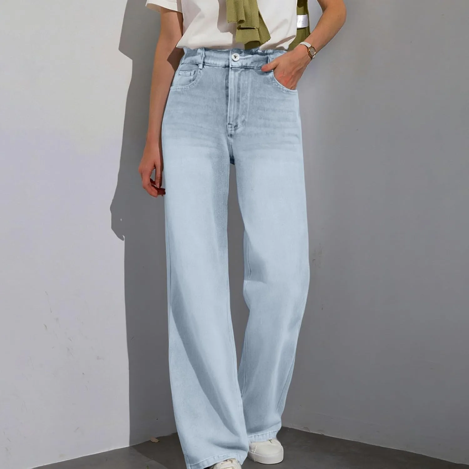 Wide Leg Jeans Woman Classic Baggy Elastic Waist Wide Leg Denim Pants Casual Vintage Soft Trousers with Pockets