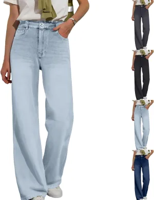 Wide Leg Jeans Woman Classic Baggy Elastic Waist Wide Leg Denim Pants Casual Vintage Soft Trousers with Pockets