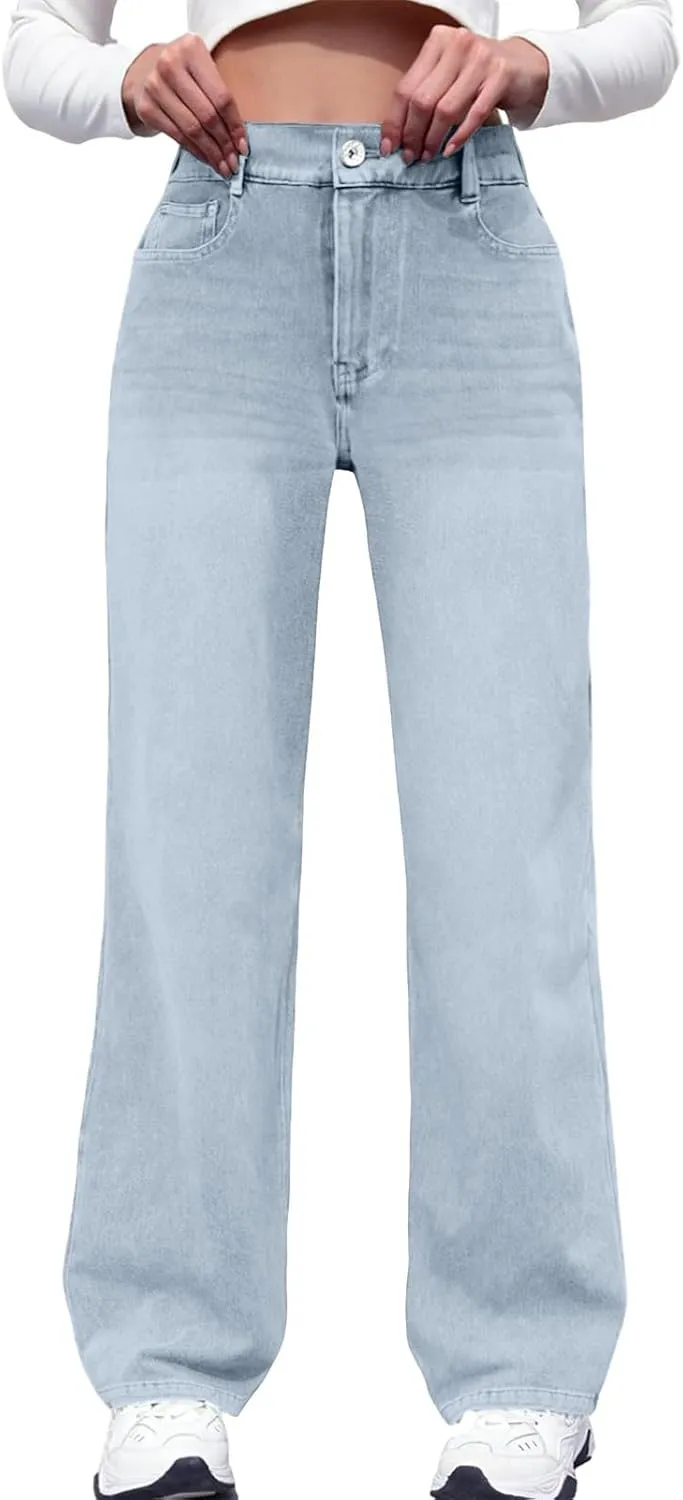 Wide Leg Jeans Woman Classic Baggy Elastic Waist Wide Leg Denim Pants Casual Vintage Soft Trousers with Pockets