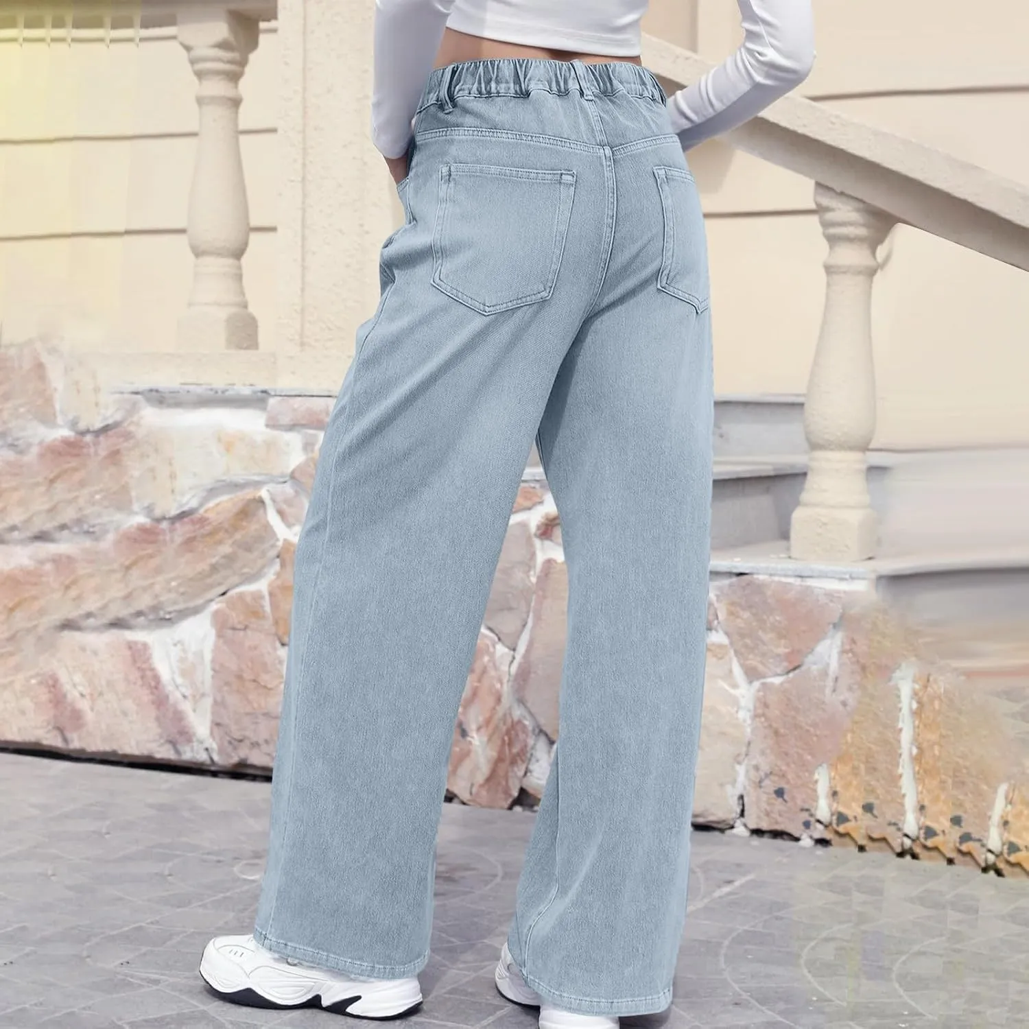Wide Leg Jeans Woman Classic Baggy Elastic Waist Wide Leg Denim Pants Casual Vintage Soft Trousers with Pockets