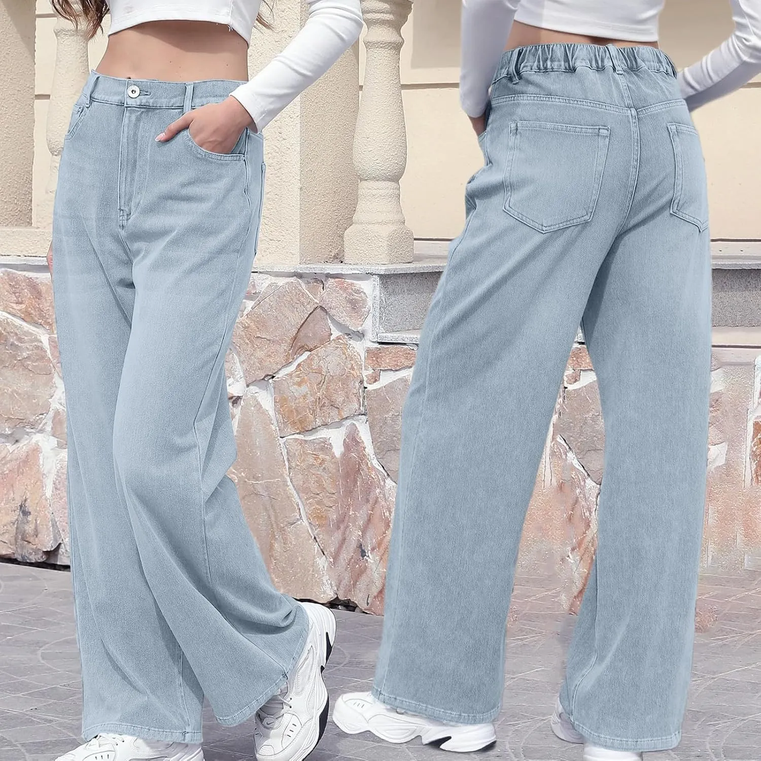 Wide Leg Jeans Woman Classic Baggy Elastic Waist Wide Leg Denim Pants Casual Vintage Soft Trousers with Pockets