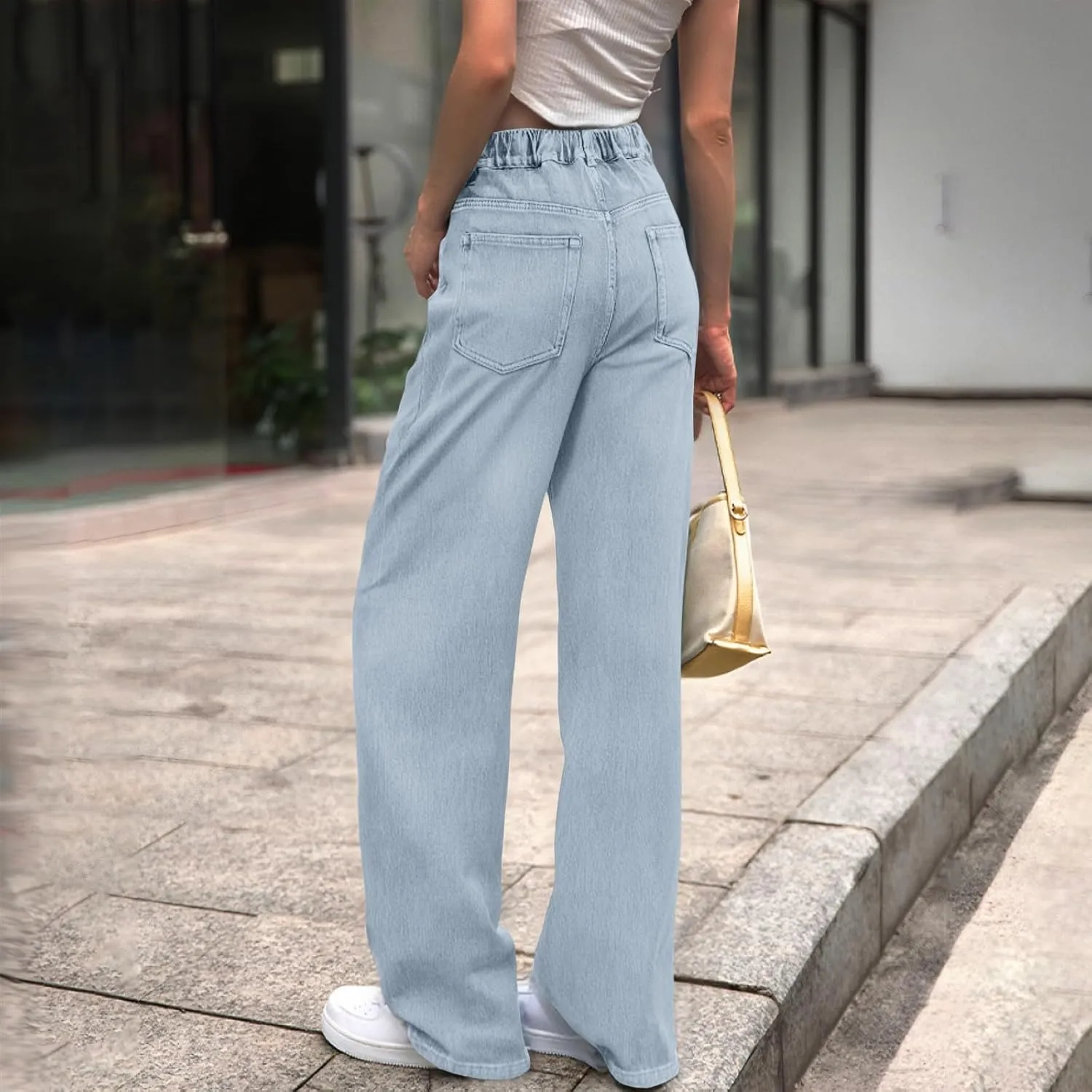 Wide Leg Jeans Woman Classic Baggy Elastic Waist Wide Leg Denim Pants Casual Vintage Soft Trousers with Pockets