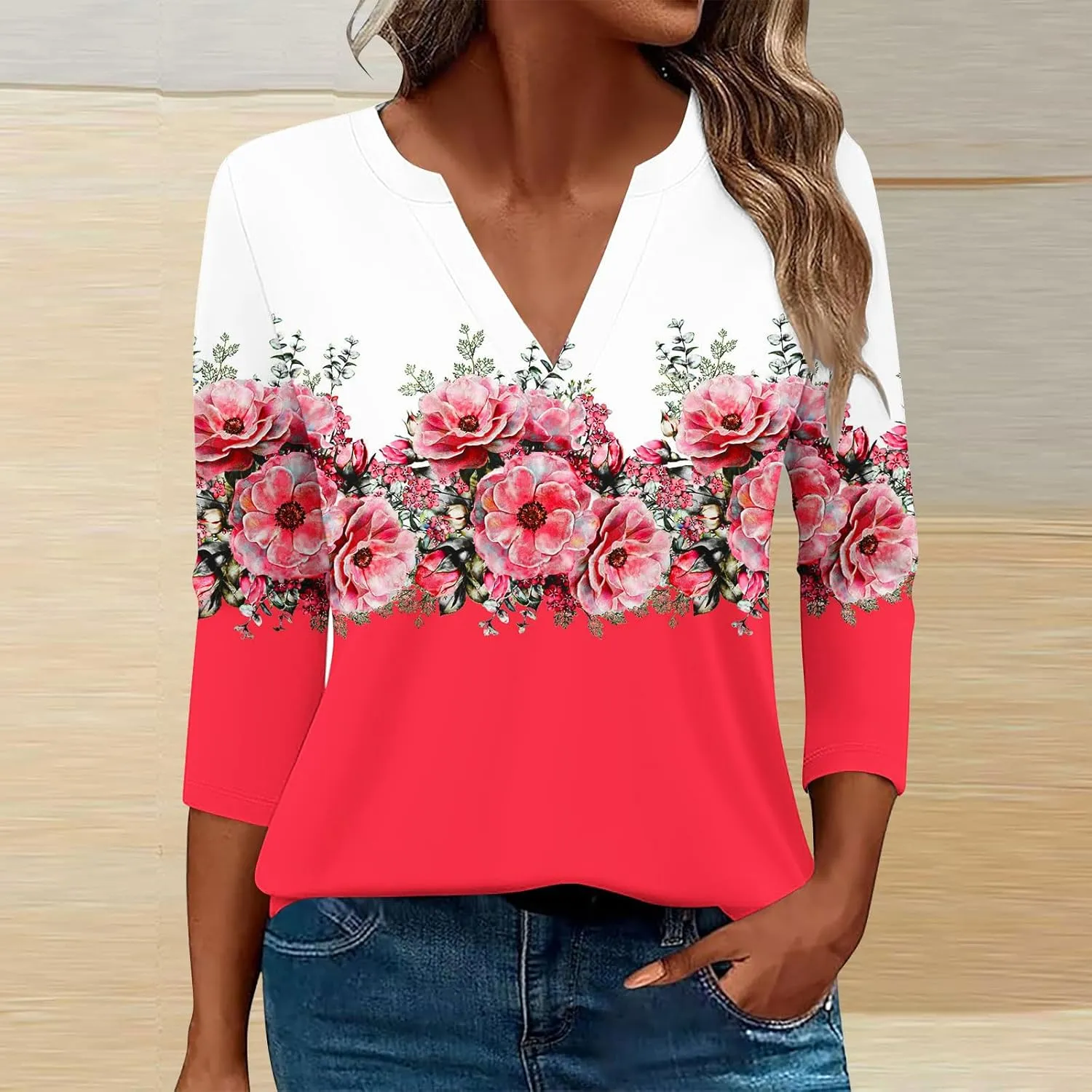 Women 3/4 Sleeve Floral Tops Dressy Casual Summer Blouses T Shirts V Neck Trendy Blouse Tunic Loose Fit Boho Clothing