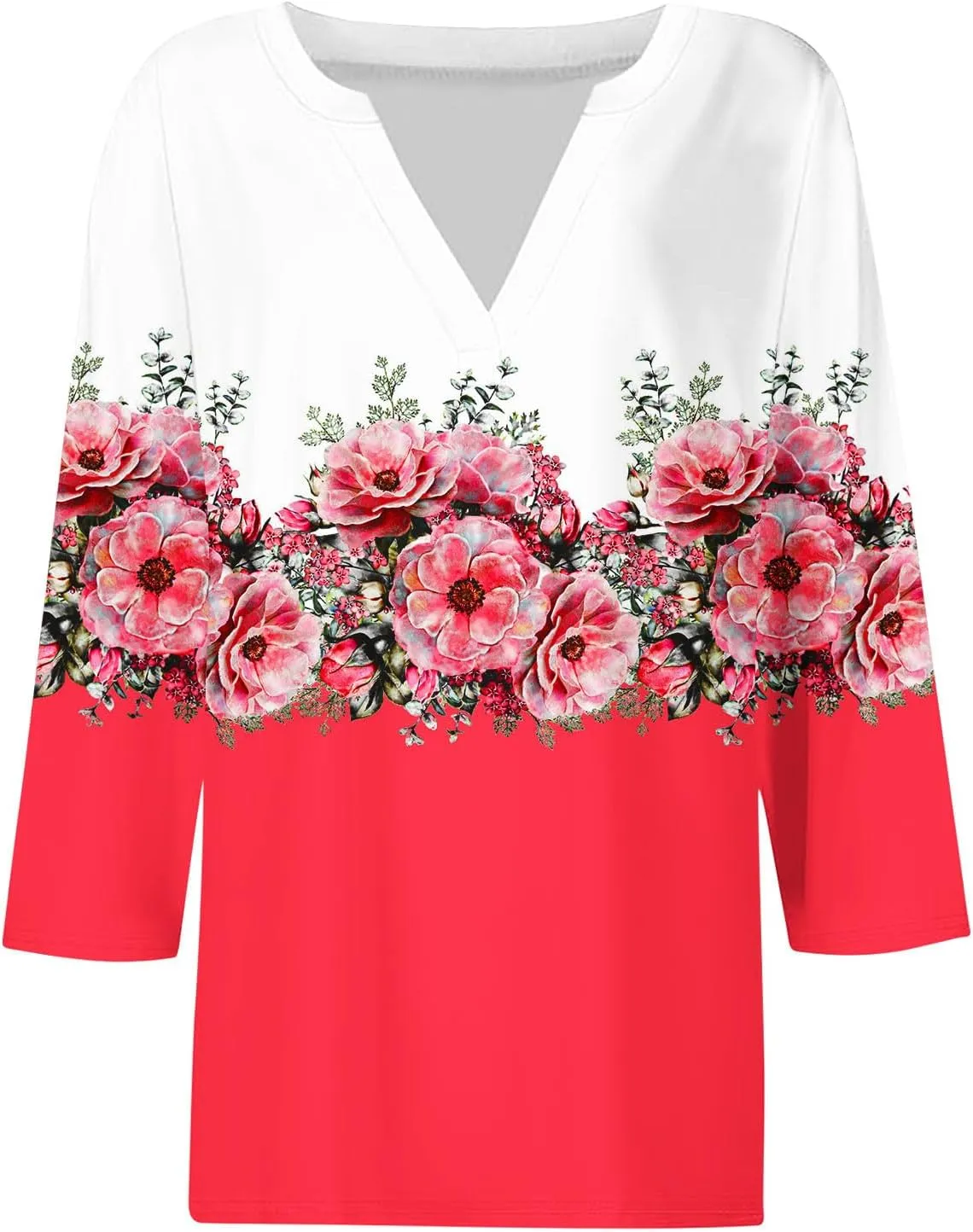 Women 3/4 Sleeve Floral Tops Dressy Casual Summer Blouses T Shirts V Neck Trendy Blouse Tunic Loose Fit Boho Clothing