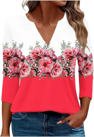 Women 3/4 Sleeve Floral Tops Dressy Casual Summer Blouses T Shirts V Neck Trendy Blouse Tunic Loose Fit Boho Clothing
