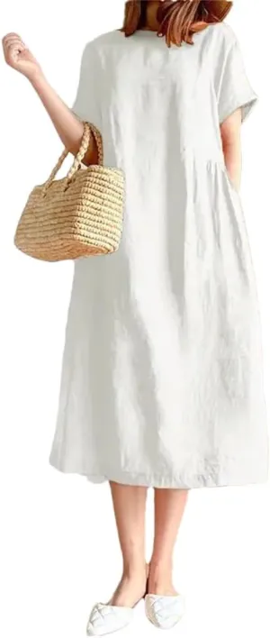Women Basic Casual Loose Midi Dress Solid Color A-Line Summer O-Neck Pockets Korean Short Sleeve Dresses