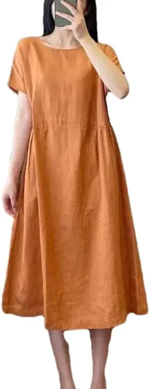 Women Basic Casual Loose Midi Dress Solid Color A-Line Summer O-Neck Pockets Korean Short Sleeve Dresses