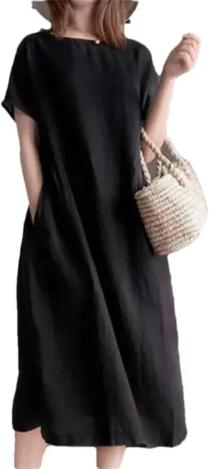 Women Basic Casual Loose Midi Dress Solid Color A-Line Summer O-Neck Pockets Korean Short Sleeve Dresses