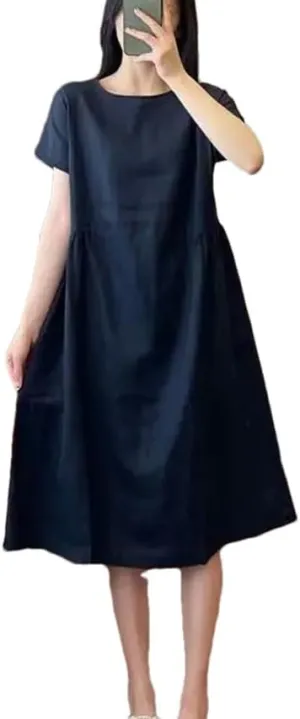 Women Basic Casual Loose Midi Dress Solid Color A-Line Summer O-Neck Pockets Korean Short Sleeve Dresses