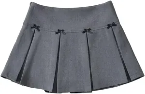 Women Bow Wide-Pleated Mini Skirt Side Zipper High-Waisted Slim A-Line Skirts