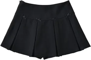 Women Bow Wide-Pleated Mini Skirt Side Zipper High-Waisted Slim A-Line Skirts