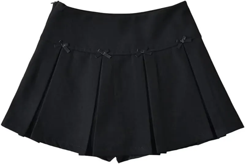 Women Bow Wide-Pleated Mini Skirt Side Zipper High-Waisted Slim A-Line Skirts