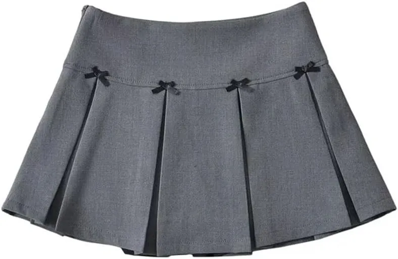 Women Bow Wide-Pleated Mini Skirt Side Zipper High-Waisted Slim A-Line Skirts