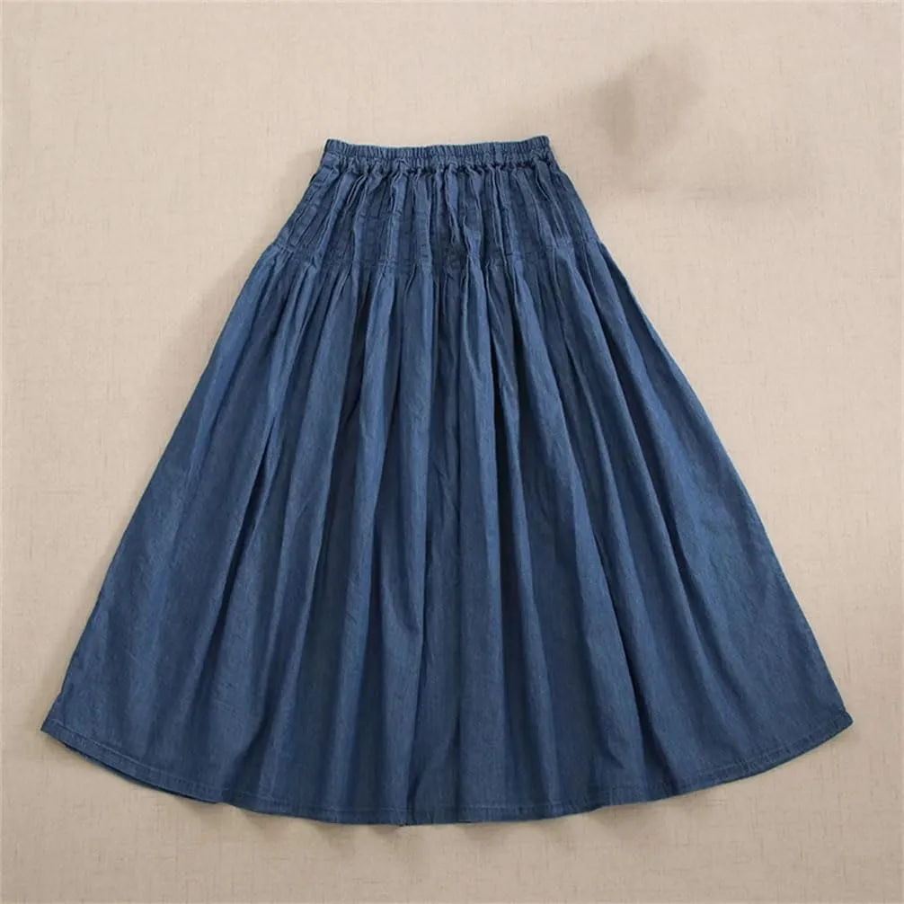 Women Casual Denim Skirt Loose with Elastic Waist Slimming Solid Loose A-Line Skirts