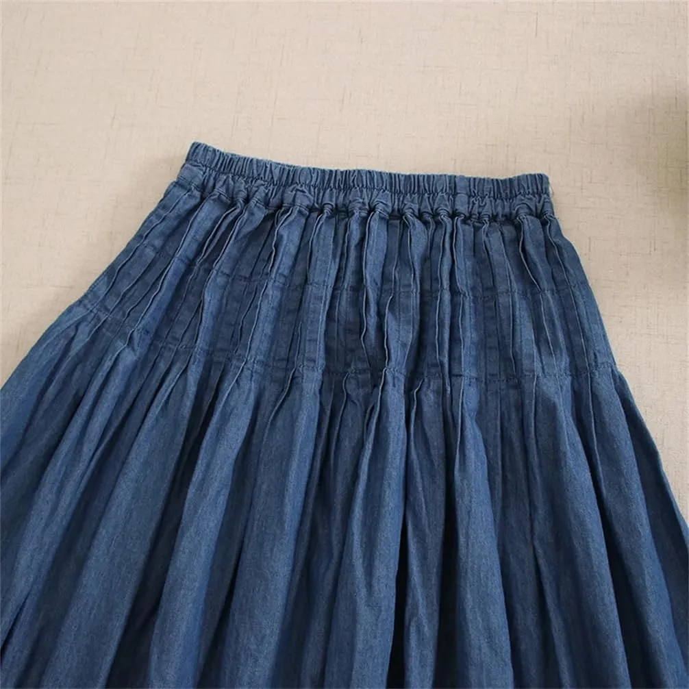 Women Casual Denim Skirt Loose with Elastic Waist Slimming Solid Loose A-Line Skirts