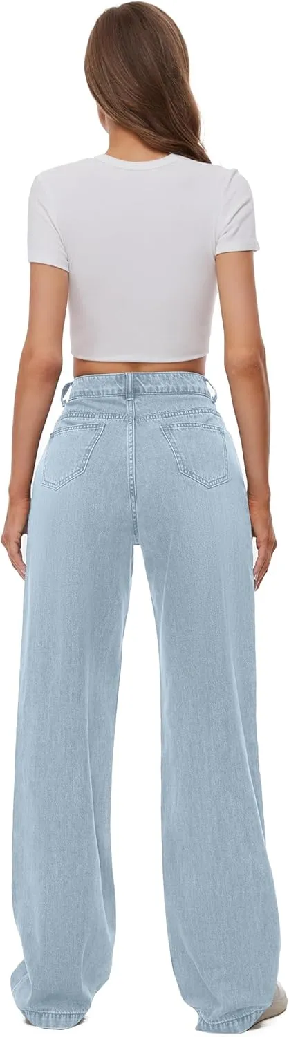 Women Casual High Waist Wide Leg Jeans Boyfriends Stretch Long Trousers Denim Pants