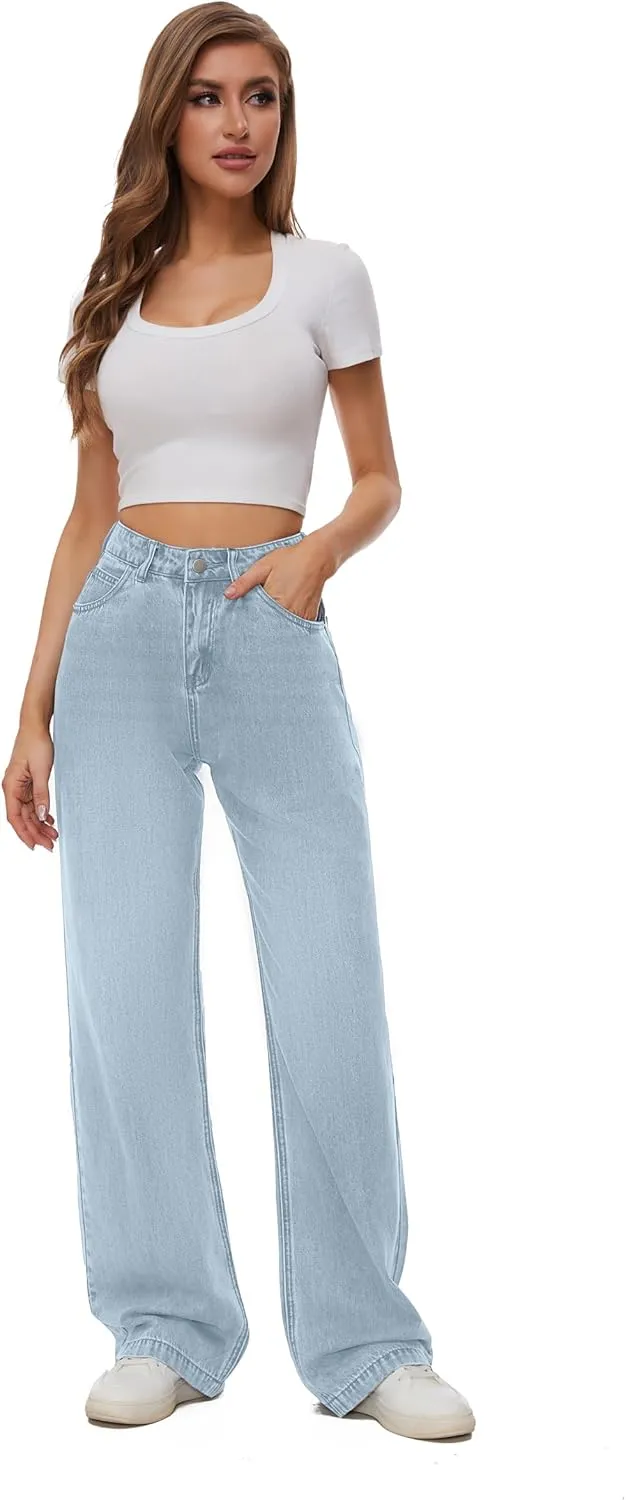 Women Casual High Waist Wide Leg Jeans Boyfriends Stretch Long Trousers Denim Pants