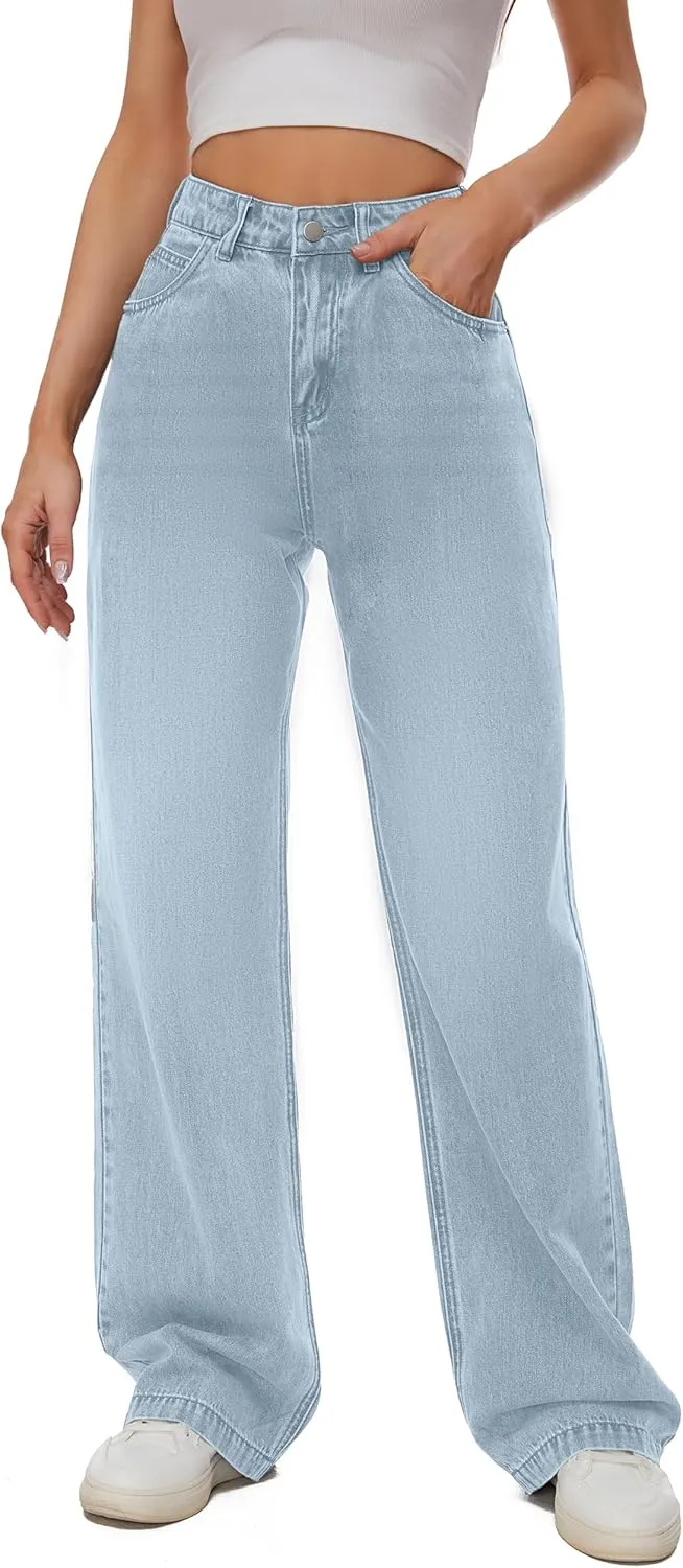 Women Casual High Waist Wide Leg Jeans Boyfriends Stretch Long Trousers Denim Pants